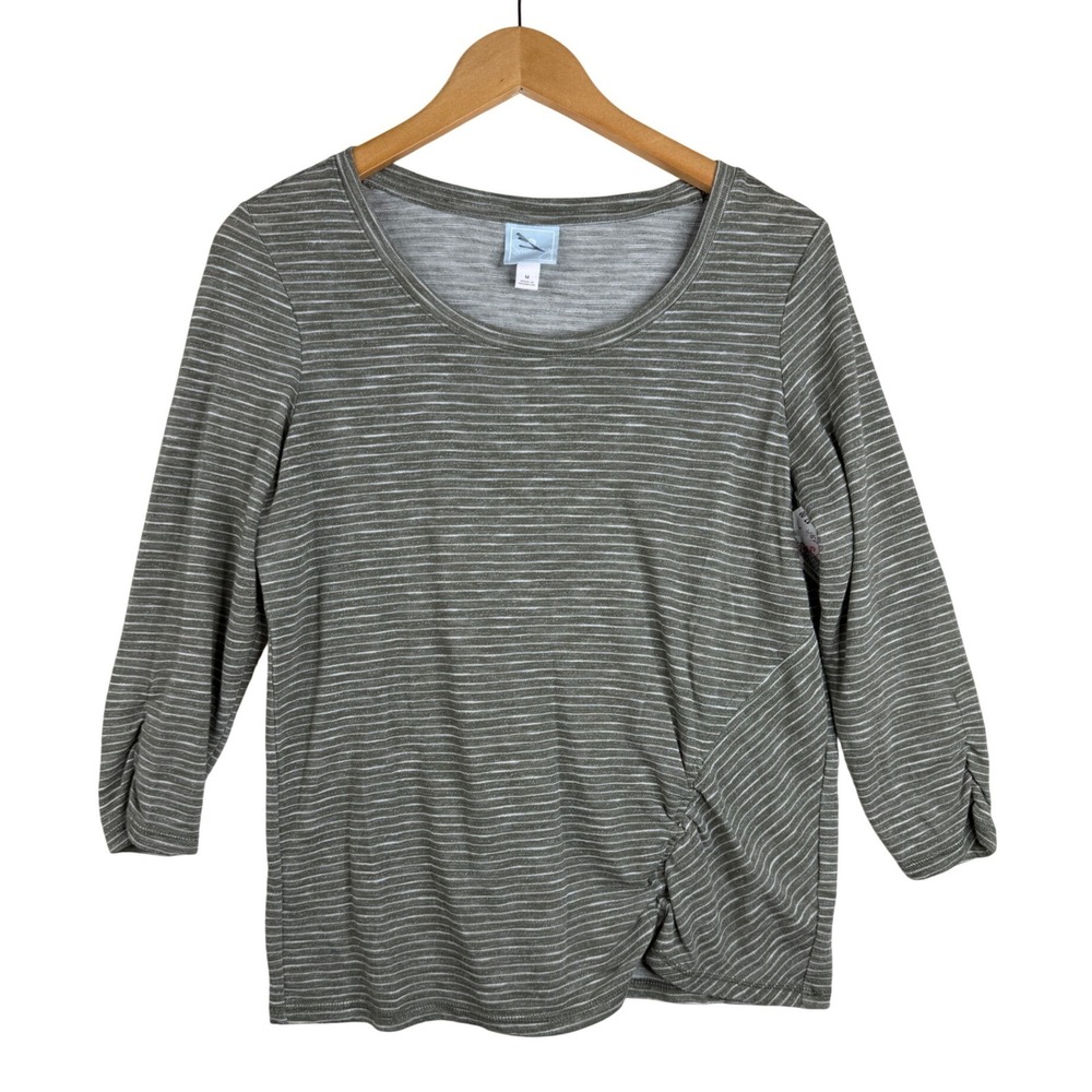 Dress Barn Sunday Striped Green Top Size Medium 3/4 Sleeve Ruching Detail
